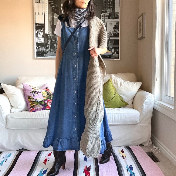 Medium wash denim sleeveless A-line ruffle hem dress - Picture 1 of 13